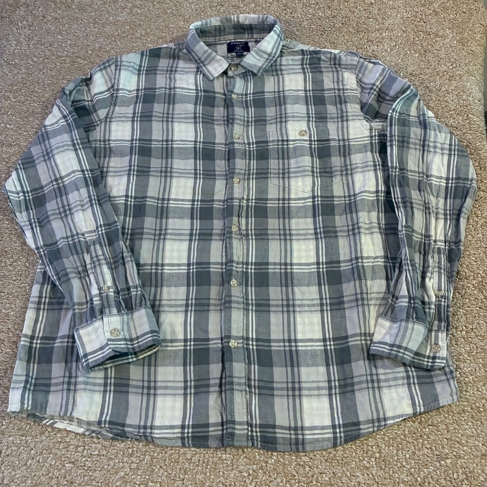 George Plaid Button Up Shirt Gray White Cotton Classic Fit Men's XL 46-48